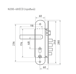 Нора-М Замок врезной для кит.дверей N200-68 ЕСО (мат.хром-черн.никель) - правый #109636